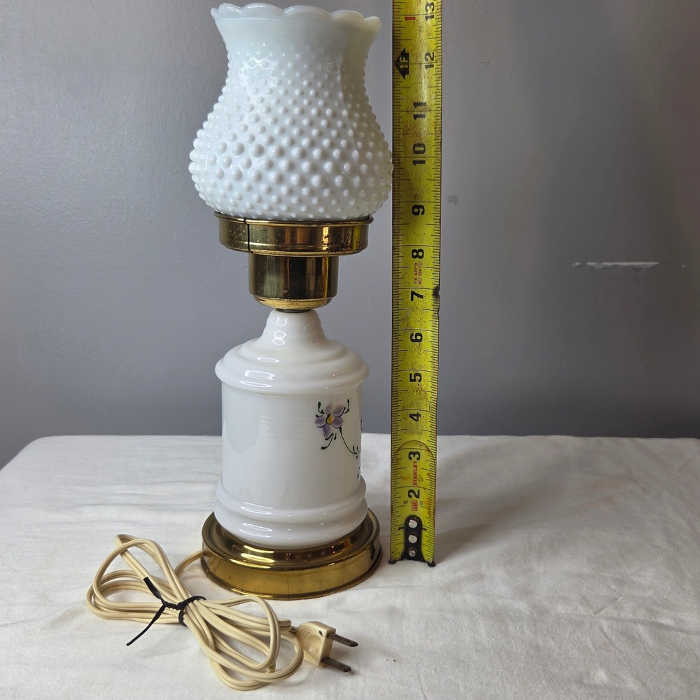 Vtg Milk Glass Hobnail Tulip Hurricane Lamp Hand Painted Floral Brass Base 12in - Picture 10 of 11